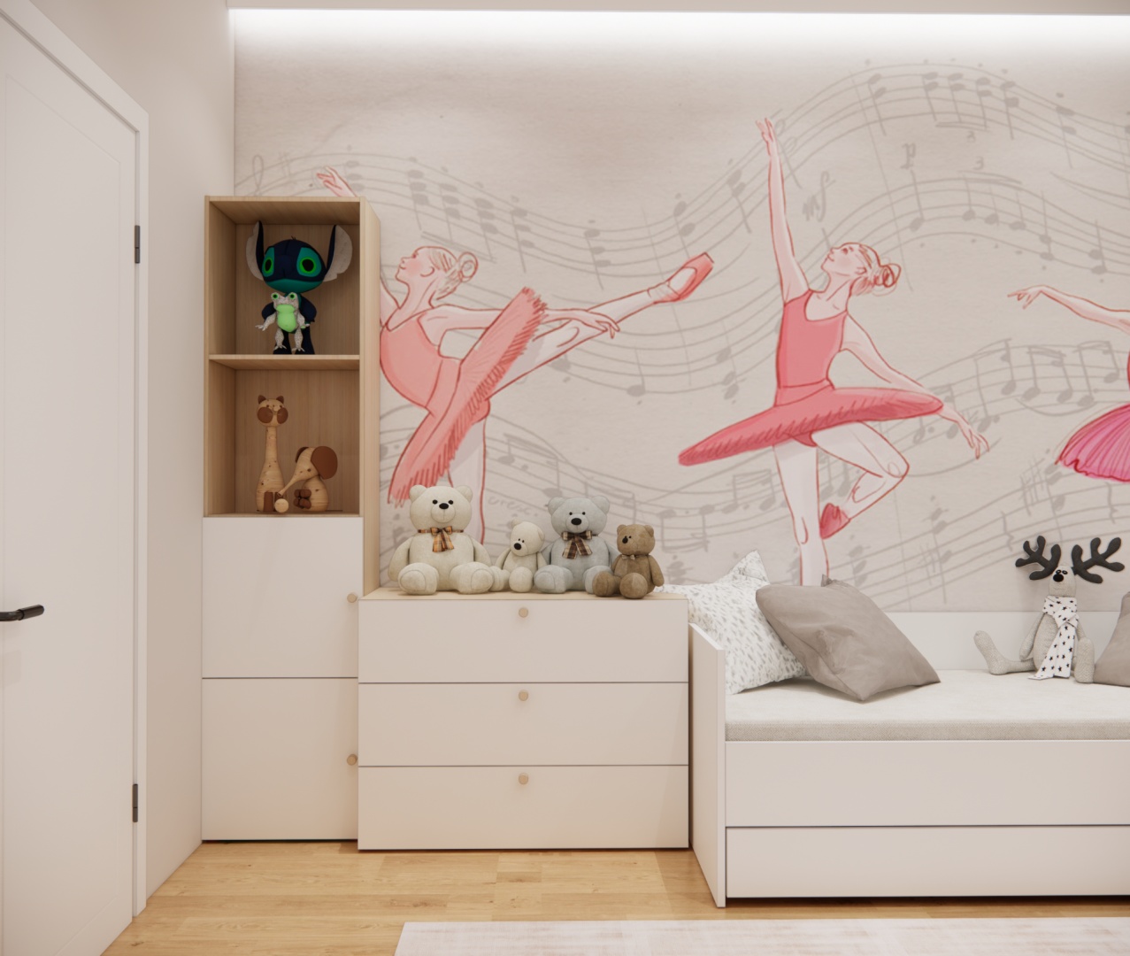 Pokój dziecięcy z dużą komodą i półkami na zabawki ozdobiony tapetą z nutami i baletnicami.